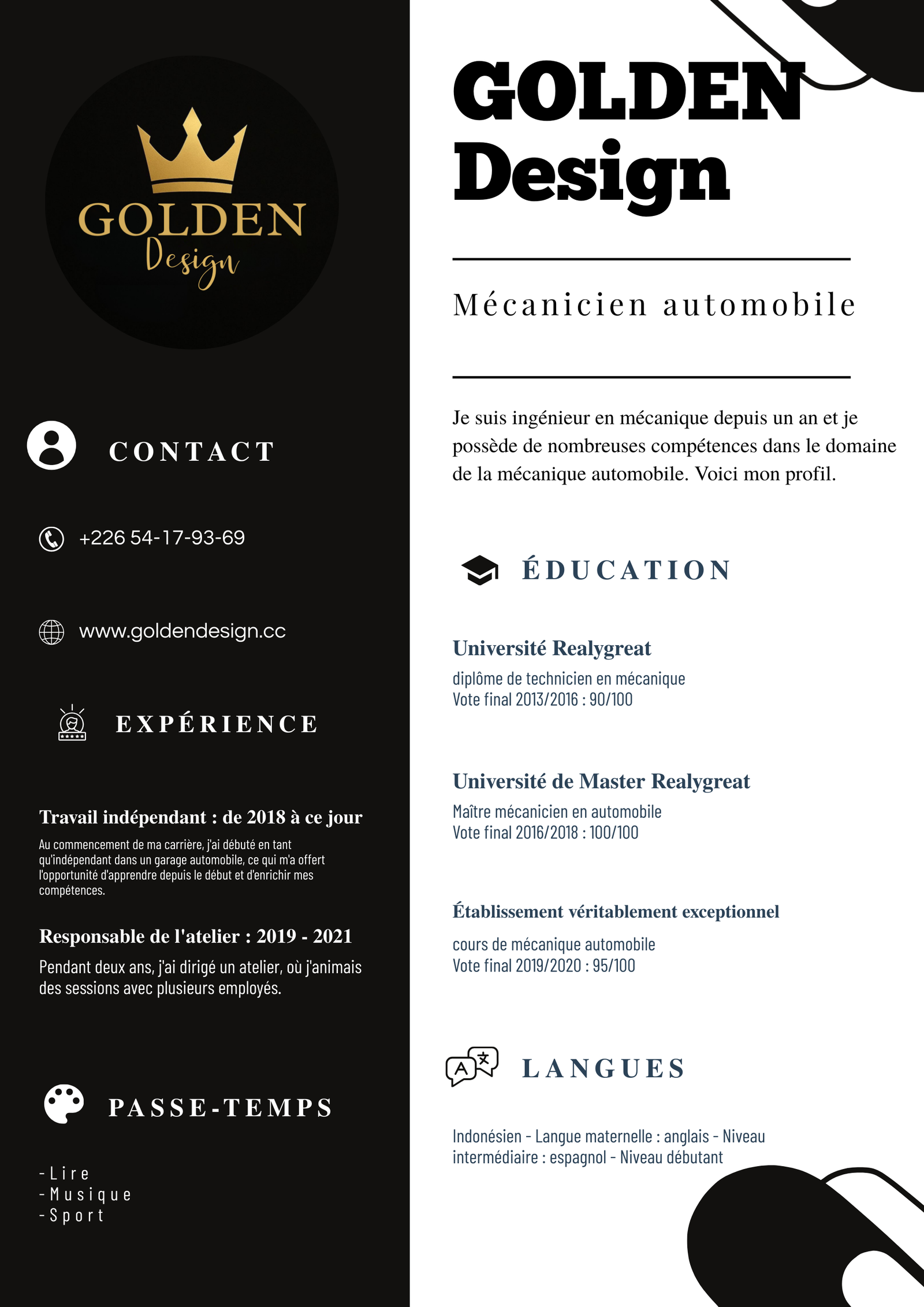 Creation graphique pour CV Moderne : Prestige Ébène & Or par Golden Design